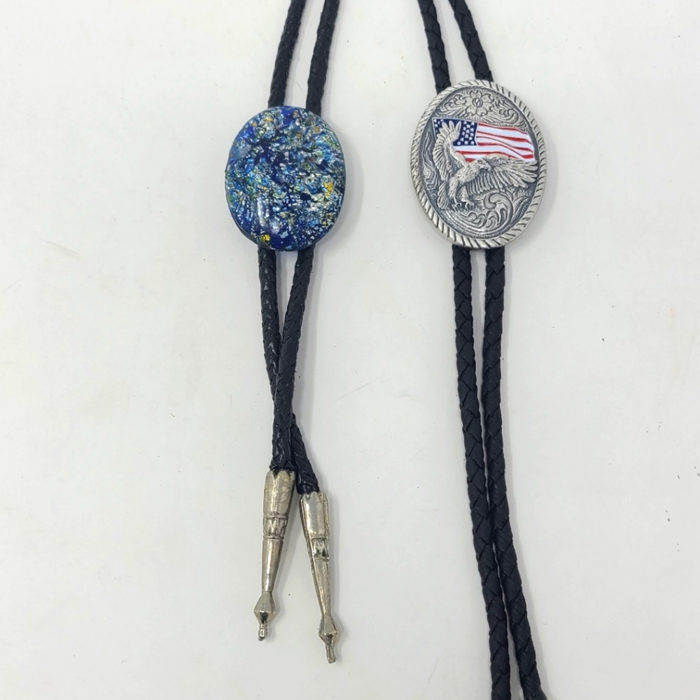 Double S Bolo Tie LOT (x2) Eagle USA Western & Blue Gem Crystal